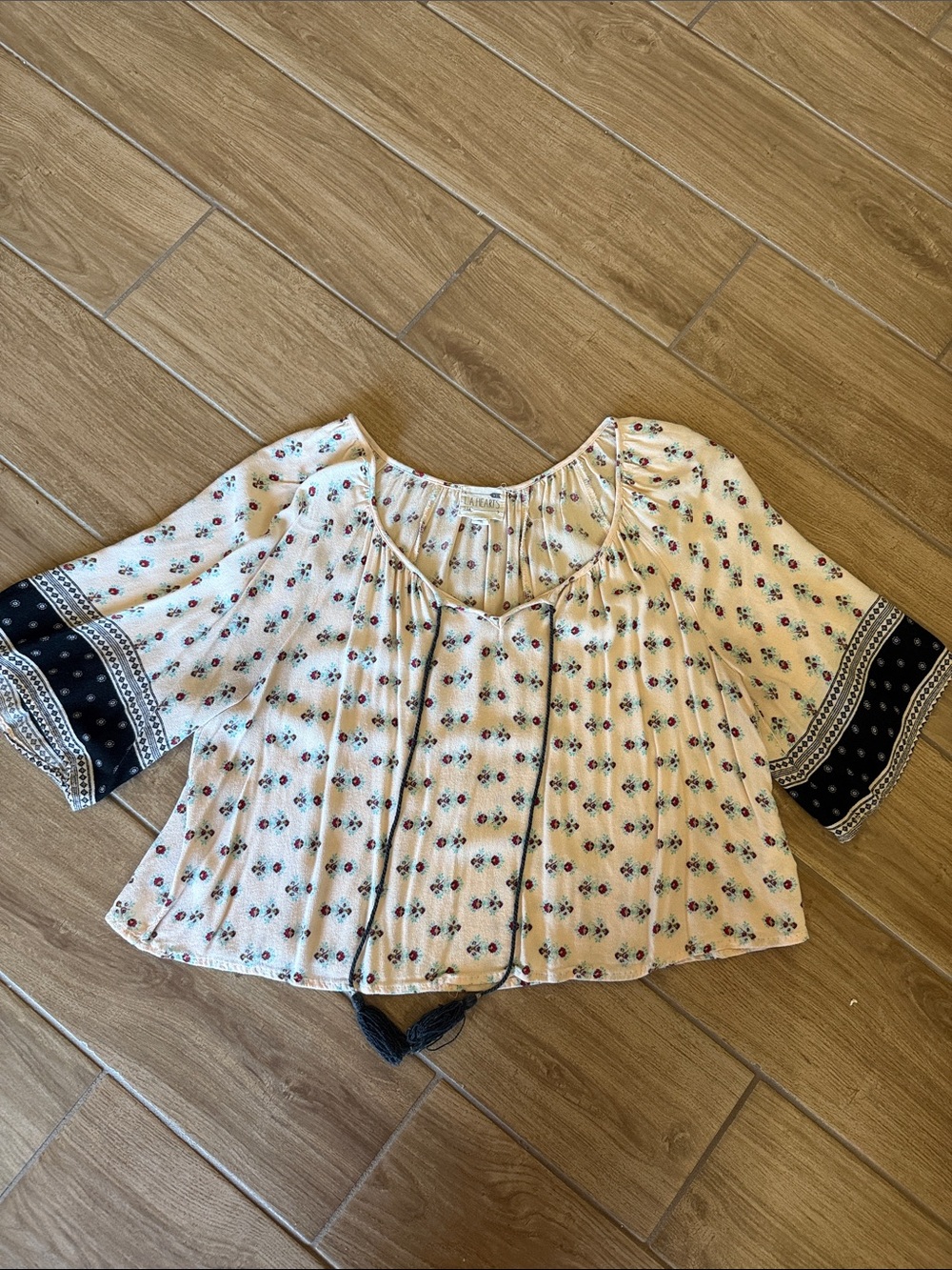 Boho Cream Floral crop top with black Trim